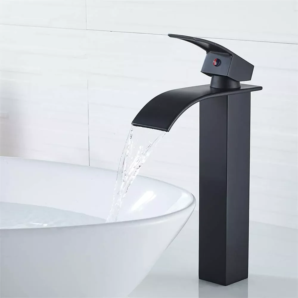 Black Waterfall Basin Sink Faucet Tall Bathroom Mixer Tap Wide Spout Vessel Sink Fauet Hot Cold Water Tap