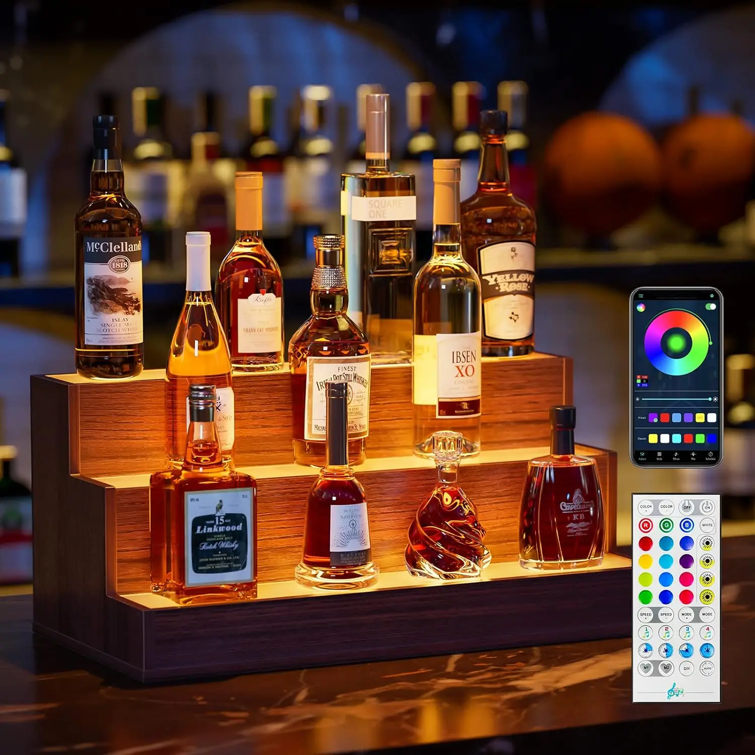 

LED Lighted Liquor Bottle Display Shelf, 24 Inch Bar Display Shelf with App & Remote Control 3 Tier for Home Bar, Party, Walnut