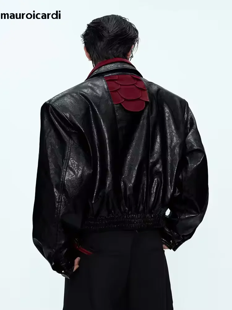 Mauroicardi Spring Autumn Patchwork Short Snakeskin Print Pu Leather Jacket Men Luxury Brands Original Emo Streetwear Clothing