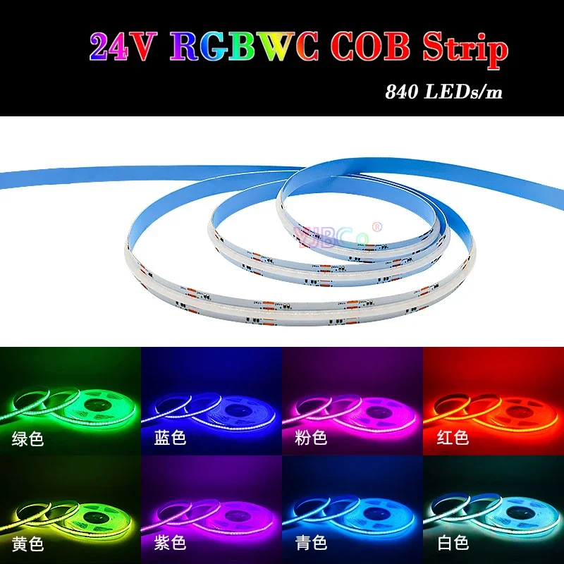 5M 5 in 1 RGB+CCT COB LED Strip RGBWC 24V DC 840LEDs/m atmosphere colorful Light high brightness Flexible Lights Tape 12mm PCB