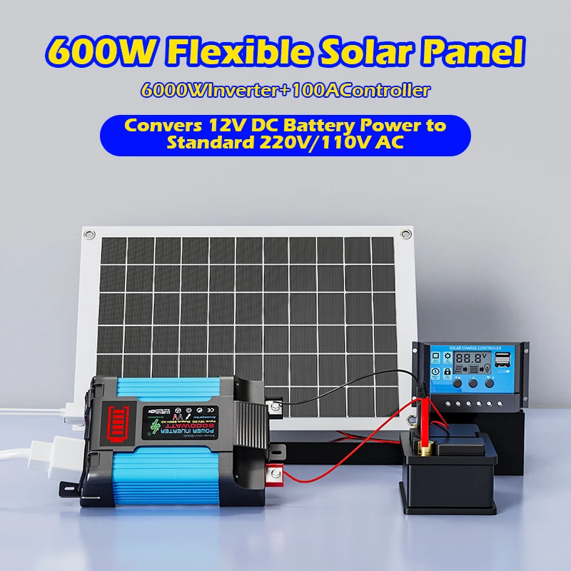 

6000W Solar Inverter Kit Complete Power Generation 600W Solar Panel 110V/220V System 12V Solar Panel Battery Charging Controller