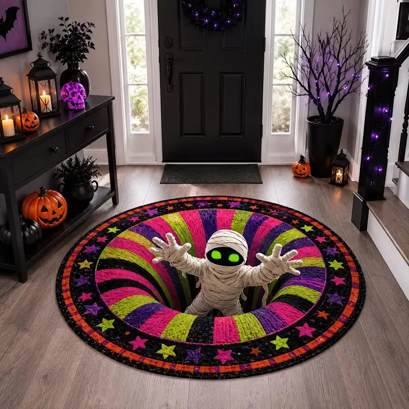 Halloween Mummy Vortex 3D Optical Illusion Round Rug, Bright Color Swirl Star Bat Spiral Hole Print, Decorative Area Carpet