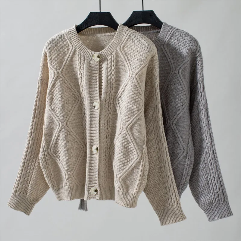 Apricot Casual Knitting Women's Sweater Cardigan New V-neck Fried Dough Twists Button Long Sleeve Autumn Versatile Sweater Coat