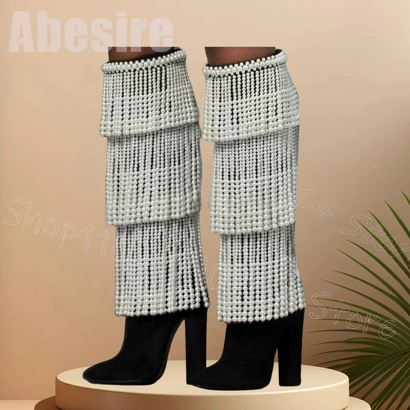 

White Pearl Tassels Black Pointed Toe Boots Back Zipper Women Shoes Chunky High Heels New Party Banquet 2025 Zapatos Para Mujere