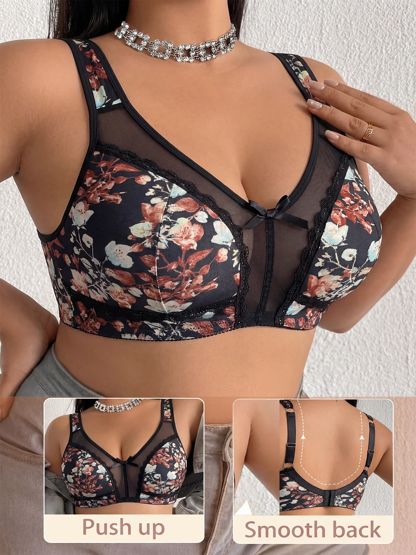 Plus Size Women Floral Print Bra, Thin Velvet Mesh Splice Wide Strap Non Padded Breathable Wireless Bra Daily Wear