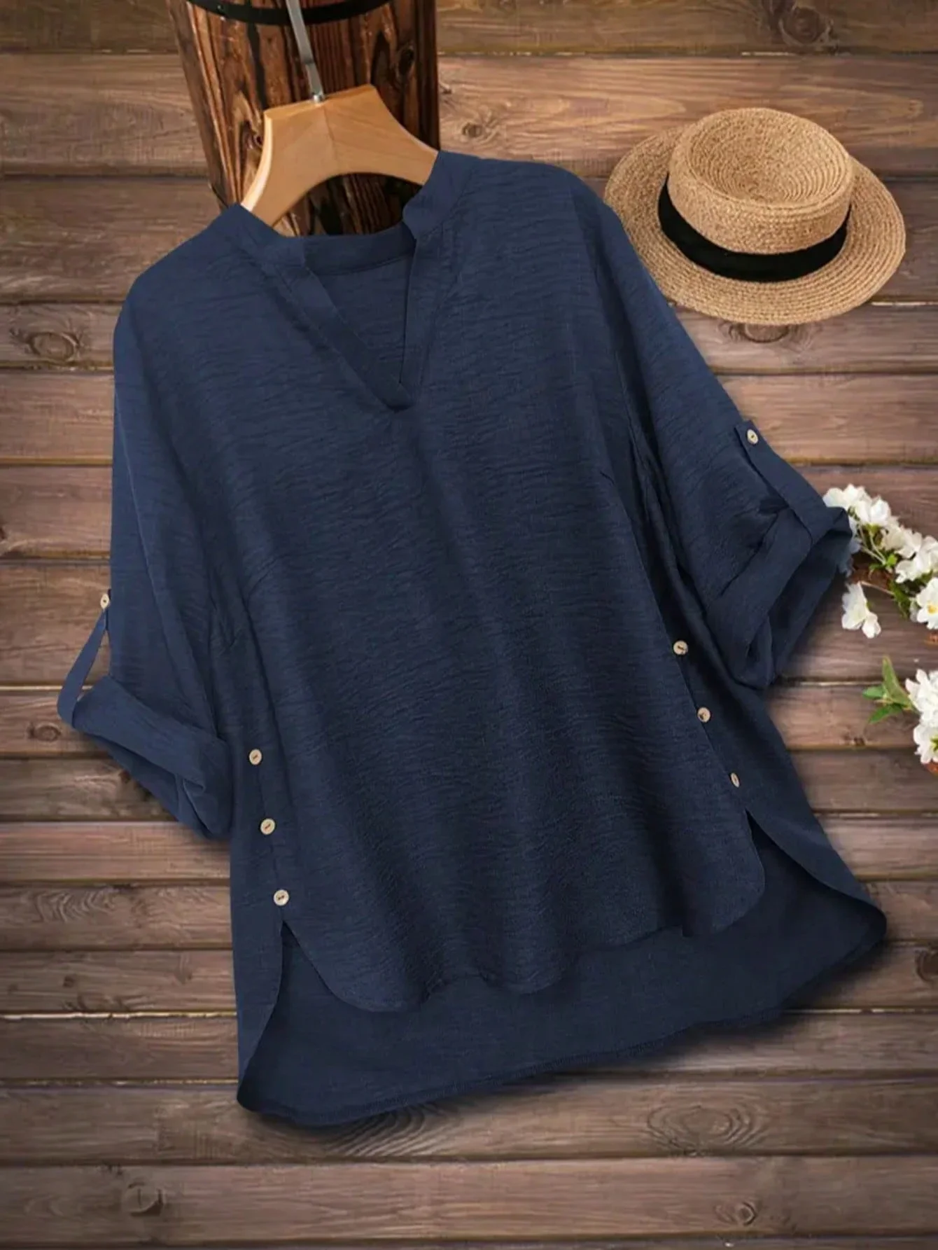

Plus Size Casual Solid Color Button Detail V-Neck Blouse Spring