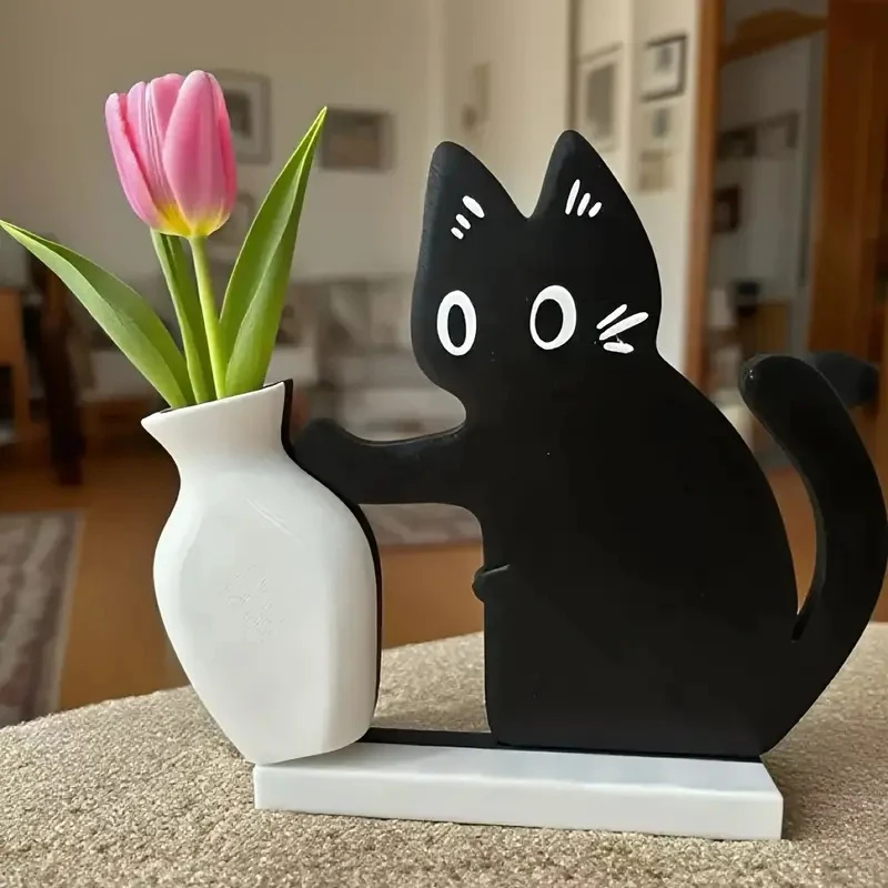 Black Cat Vase Memorial Box - Whisker Keepsake with Fridge Magnet, Push-Design Decor for Cat Lovers, Pet Loss Comfort Gift