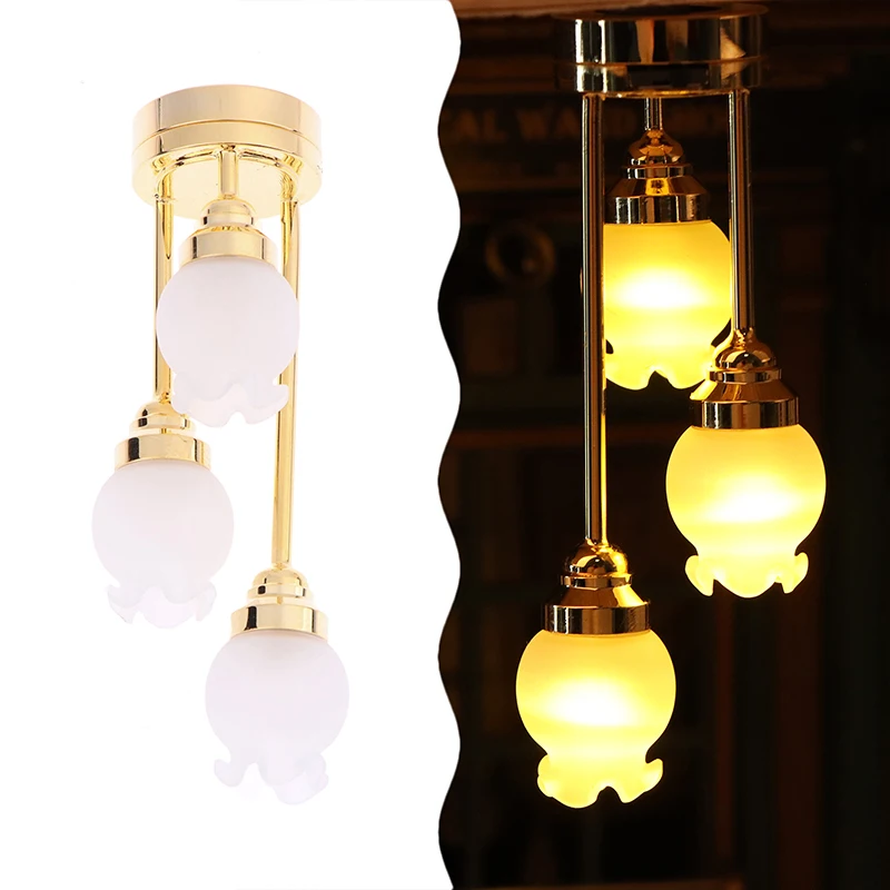 

1:12 Dollhouse Droplight Miniature LED Chandelier 3-head Bud Ceiling Lamp Doll Home Living Room Bedroom Decor Toy