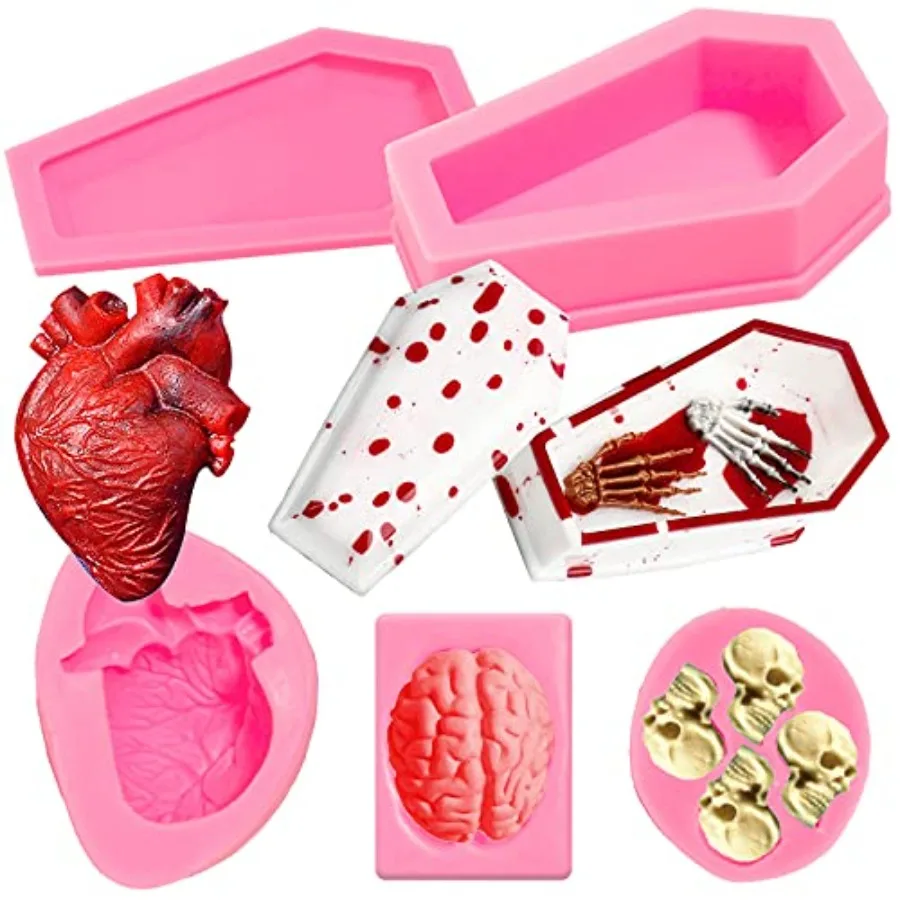 

Набор силиконовых форм для Хэллоуина, форма для труна, смола, 3D череп, орган, формы для литья из смолы, форма для конфет в форме сердца, мозга, помадки для рукоделия Ch