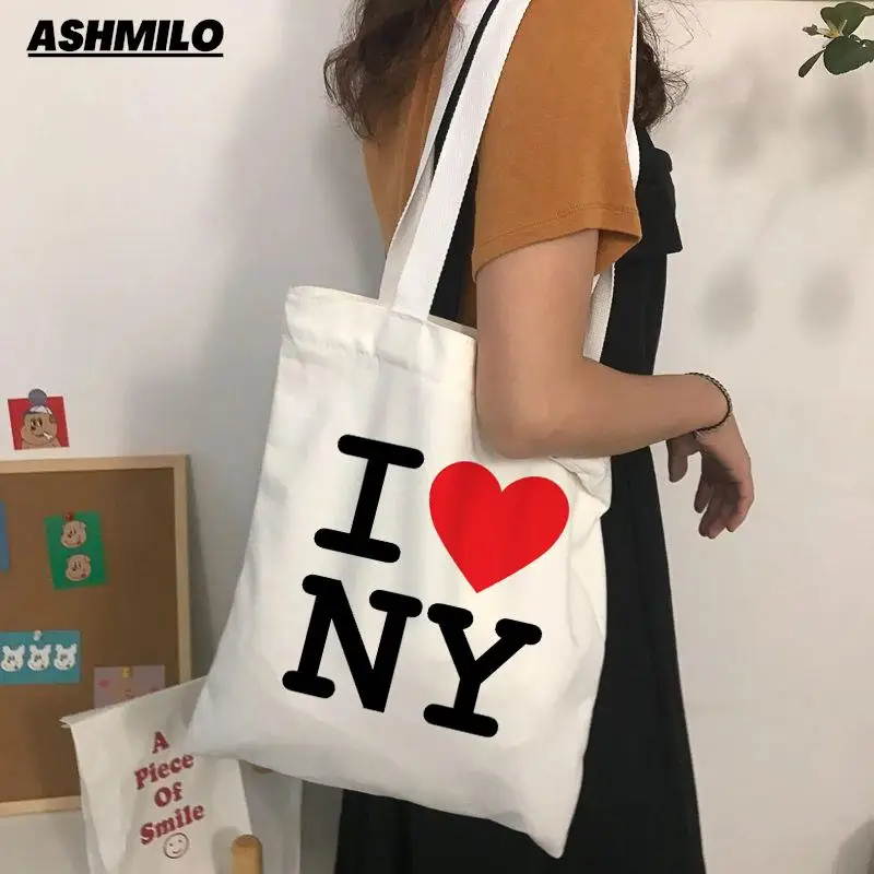 I LOVE NY-Bolso De lona con estampado Kawaii para mujer, bolsa De compras Harajuku, bolso De mano para niña, bolso De hombro para mujer