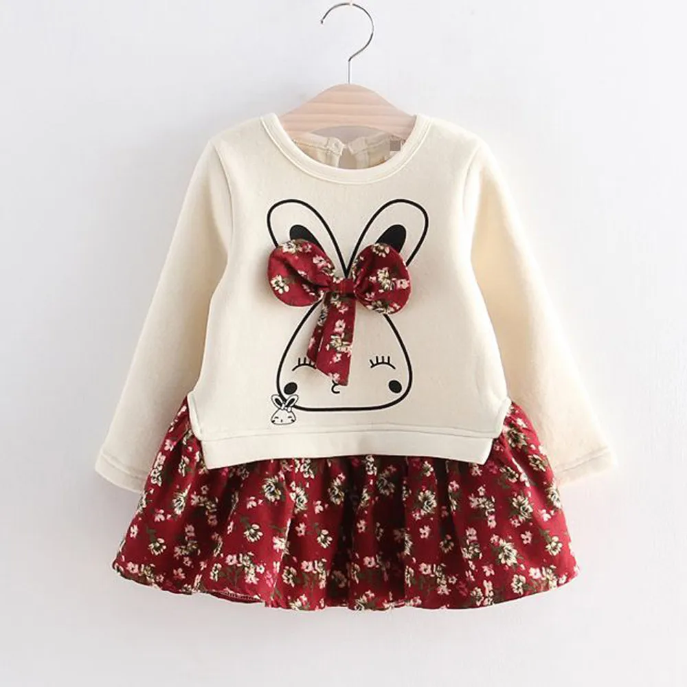 

2-6 Y Children Girls Dress 2025 Spring Autumn Long Sleeve Kawaii Rabbit Flower Print Dress Baby Kids Girls Clothes Clothing