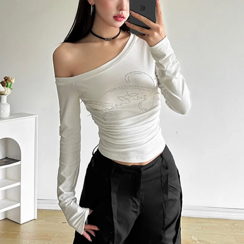 Lamuusaa Rhinestone Tops y2k Clothes Women Letter Print Slash Neck One Shoulder Long Sleeve T Shirts 2000s Clothing Streetwear