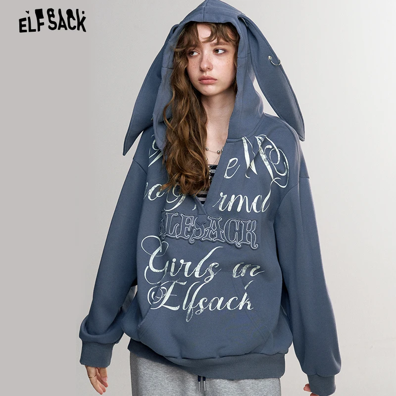 ELFSACK Women's Casual Hoodie with Letter Print, Loose Long Sleeve Sweatshirt for Everyday, Streetwear Pullover