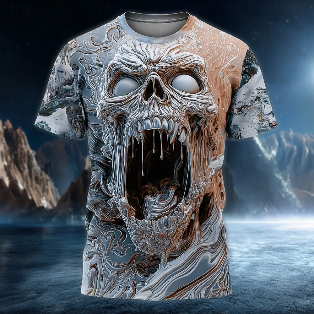Men 3D Screaming Skull Print Short Sleeve Horror Casual Tee Multi Colors