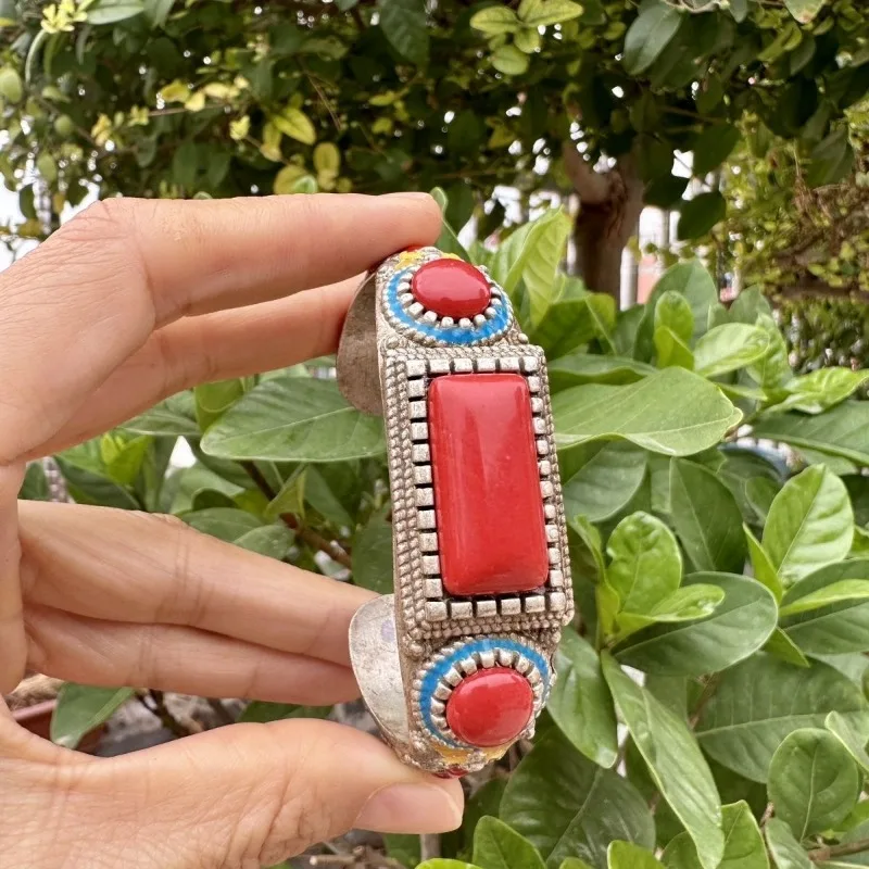 Vintage Tibetan Silver Open Bangle, Coral Inlaid Ethnic Style, Non‑Adjustable, Antique Collectible Chinese Hand Bracelet Jewelry
