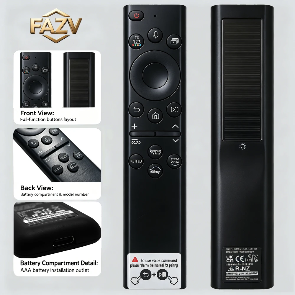 FAZV Solar Remote for 2020-2023 BN59-01385A Samsung Crystal UHD/QLED/Frame TV, TU8000 Q60T Q70T Q80T LS05 Series