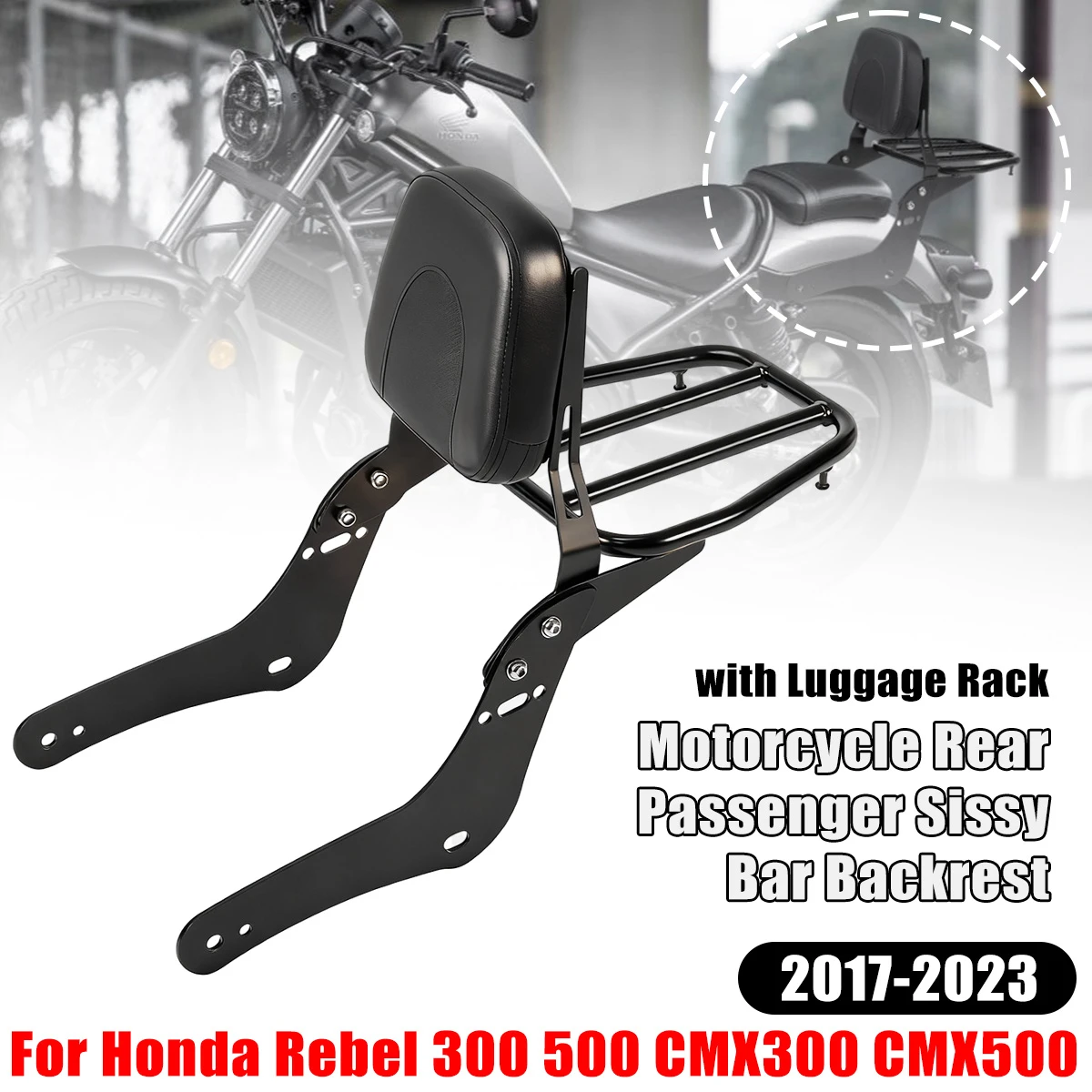 Schienale Sissy Bar passeggero posteriore staccabile per moto con portapacchi per Honda Rebel 300 500 CMX300 CMX500 2017-2023