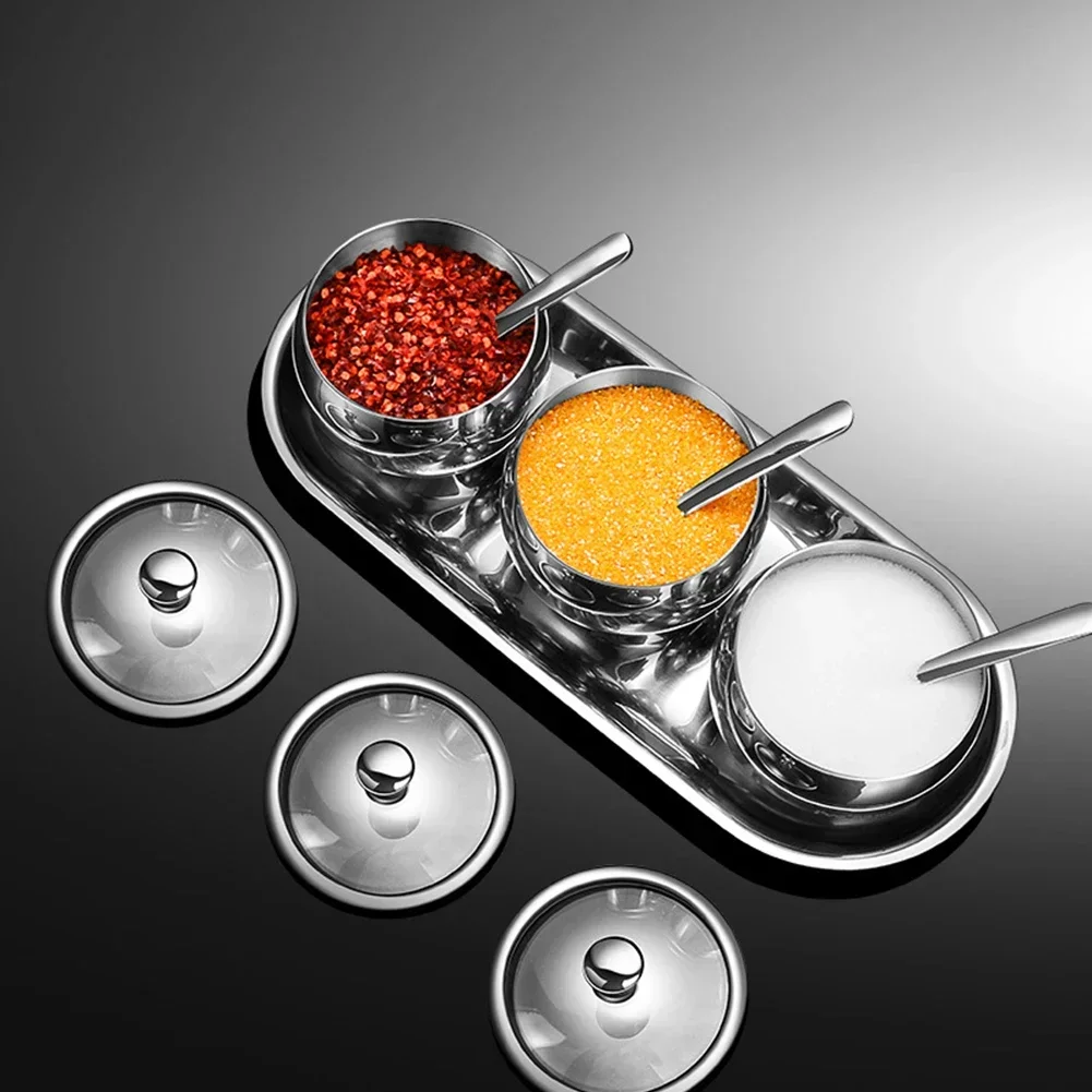 Elegant 3-Grid Stainless Steel Sugar Bowl Set With Spoon & Tray For Kitchen Ugar Bowl Seasoning Jar Kitchen Accessories