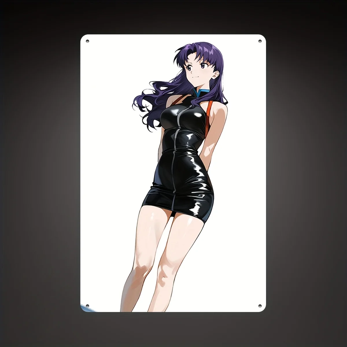 Anime Girl Metal Wall Art Sign - Purple Hair, Black Outfit & White Background - Perfect for Man Cave, Bar, Home, Office, Gara