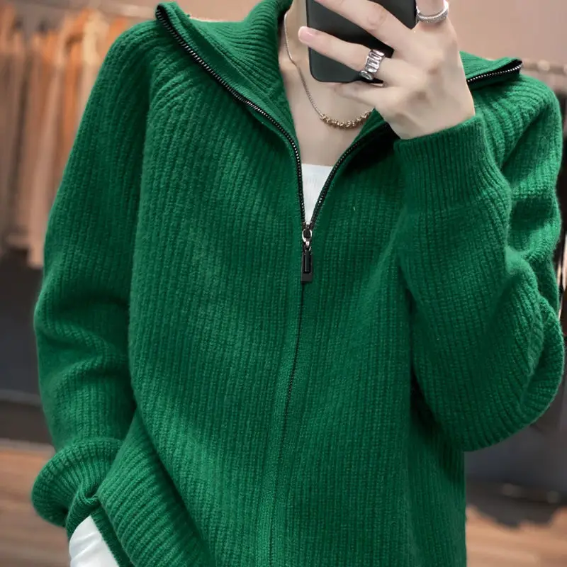 

Autumn and winter new all-match zipper cardigan female lapel sweater loose knit wear fashion coat