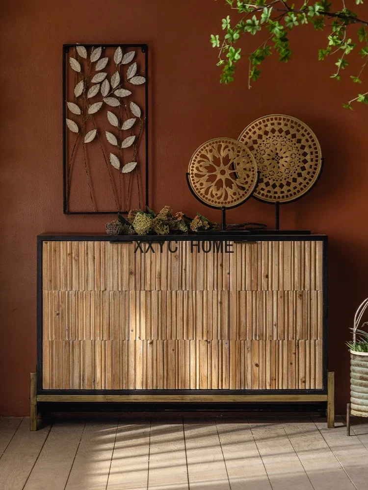 American Retro Home Entrance Cabinet Quiet Style Living Room Wall Carved Curio Cabinet B & B Villa Solid Wood Sideboard