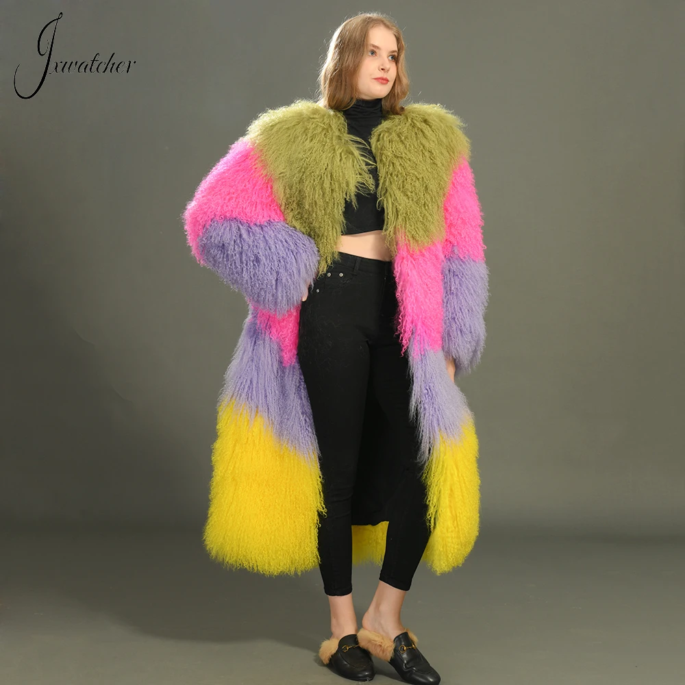 Jxwatcher Real Mongolian Fur Coat Women Luxury Long Natural Sheep Fur Coat Ladies Fashion Mix Color Fur Jacket 2023 New Style