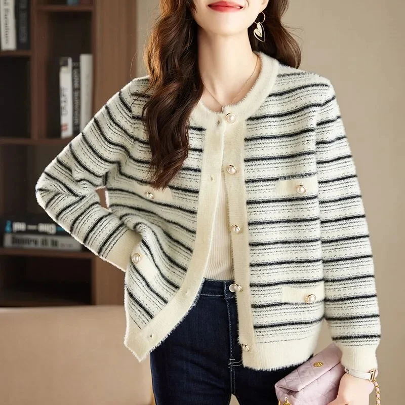 2024 New Korean Autumn Winter Knitted Jacket Women Casual Long Sleeve Stripes Imitation Mink Velvet Cardigan Sweater Female Tops