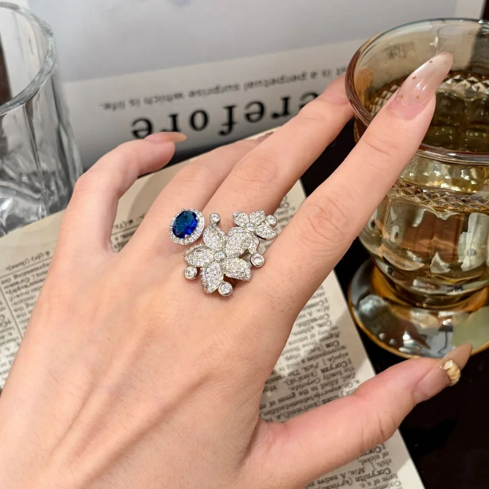 Romantic Double Flower Full Diamond Blue Jewelry Luxury Engagement Ring Suitable for Women's Wedding Bridal Noble Accessories