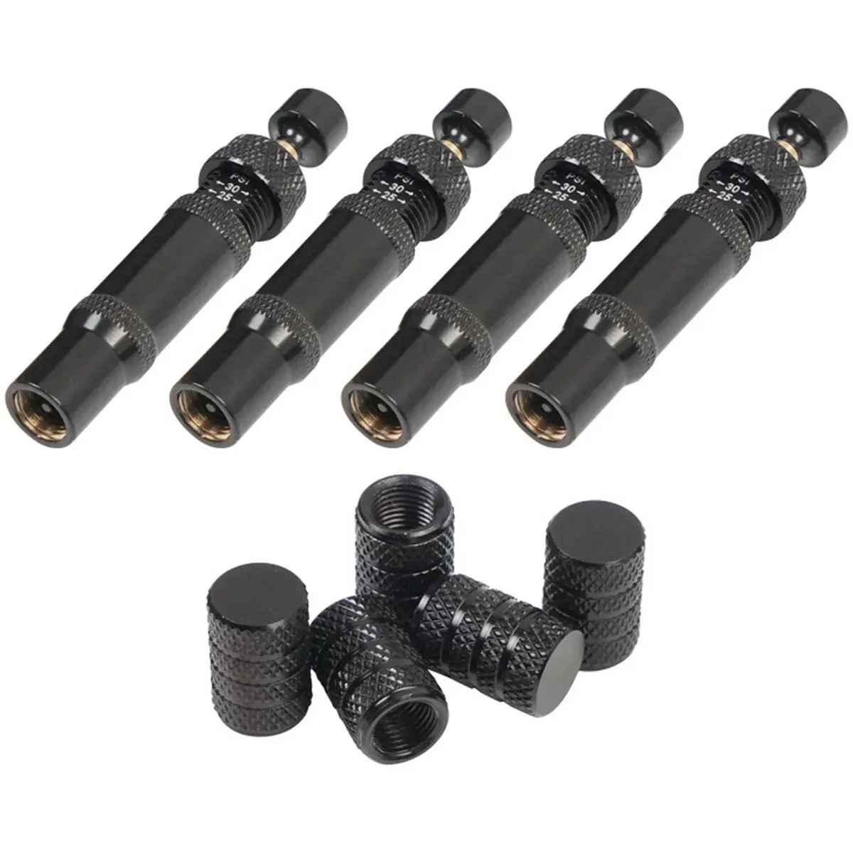 Multi-use Gear Adjustable Auto-Stop Tire Deflators Valve Kit (10-30 PSI) 4PCS -on Tyre Air Down Tool 5 Valve Caps for Offroad