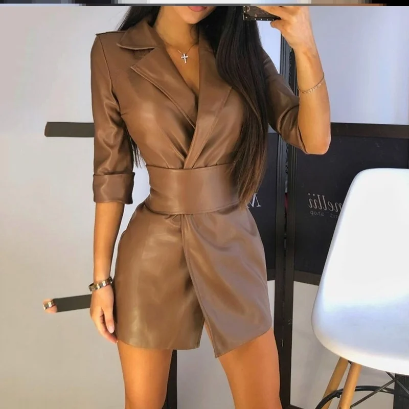 

Pure Color PU Leather Midi Dr Sexy Women's Street Sle High Waist ort Skirt Five Sve Length Polyester Fabric