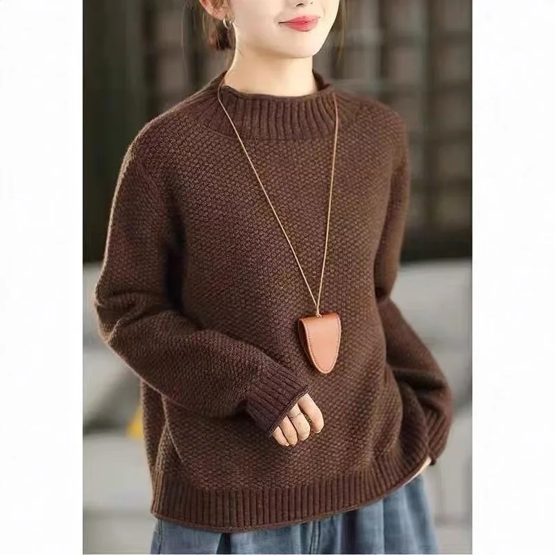 Nuevo suéter Retro liso con cuello simulado para mujer, jerséis tejidos de algodón peinado, tejido suelto, camiseta de fondo de otoño de gama alta