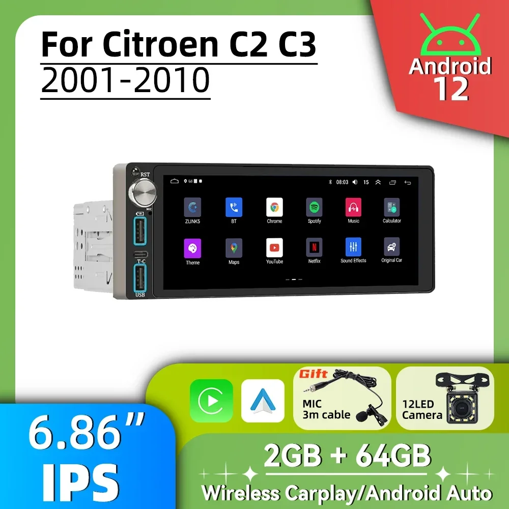 

1 Din Car Radio Autoradio Android Multimedia for Citroen C2 C3 2001-2010 6.86" Screen Stereo Head Unit Carplay GPS Navigation