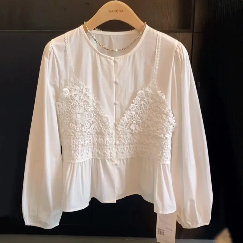 

Korean Chic Embroidery Blouse Women Fashion Spring Summer O Neck Long Sleeve Lace White Tops Shirts Blusas Mujer