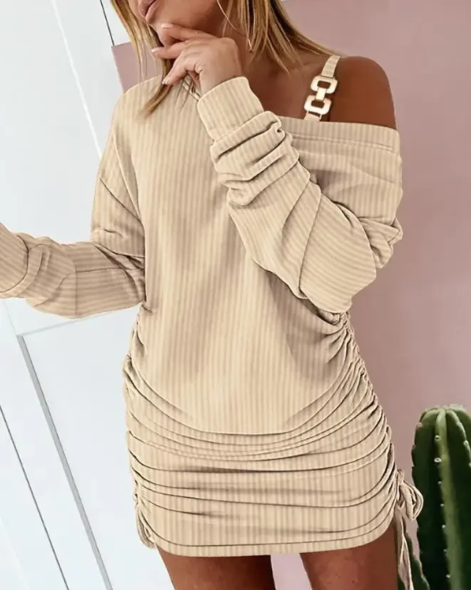 

CPSYMYM Womens Dresses Summer Velvet Drawstring Ruched Chain Decor Casual Plain Cold Shoulder Long Sleeve Daily Mini Dre