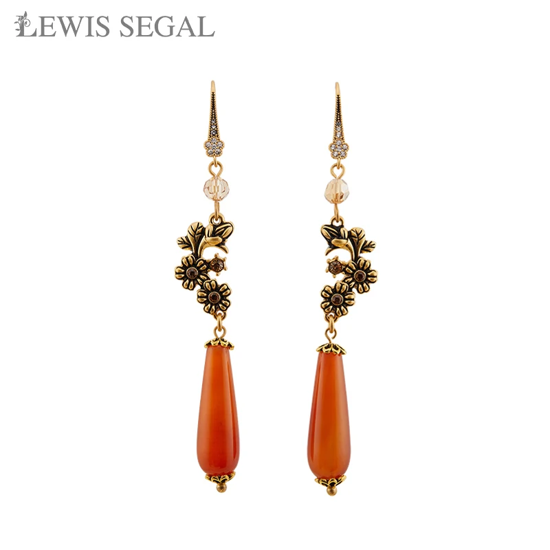 

LEWIS SEGAL Cherry Blossom Red Agate Dangle Earrings for Women Medieval Style Luxury Fine Jewelry 18K Gold Plated Casual Party