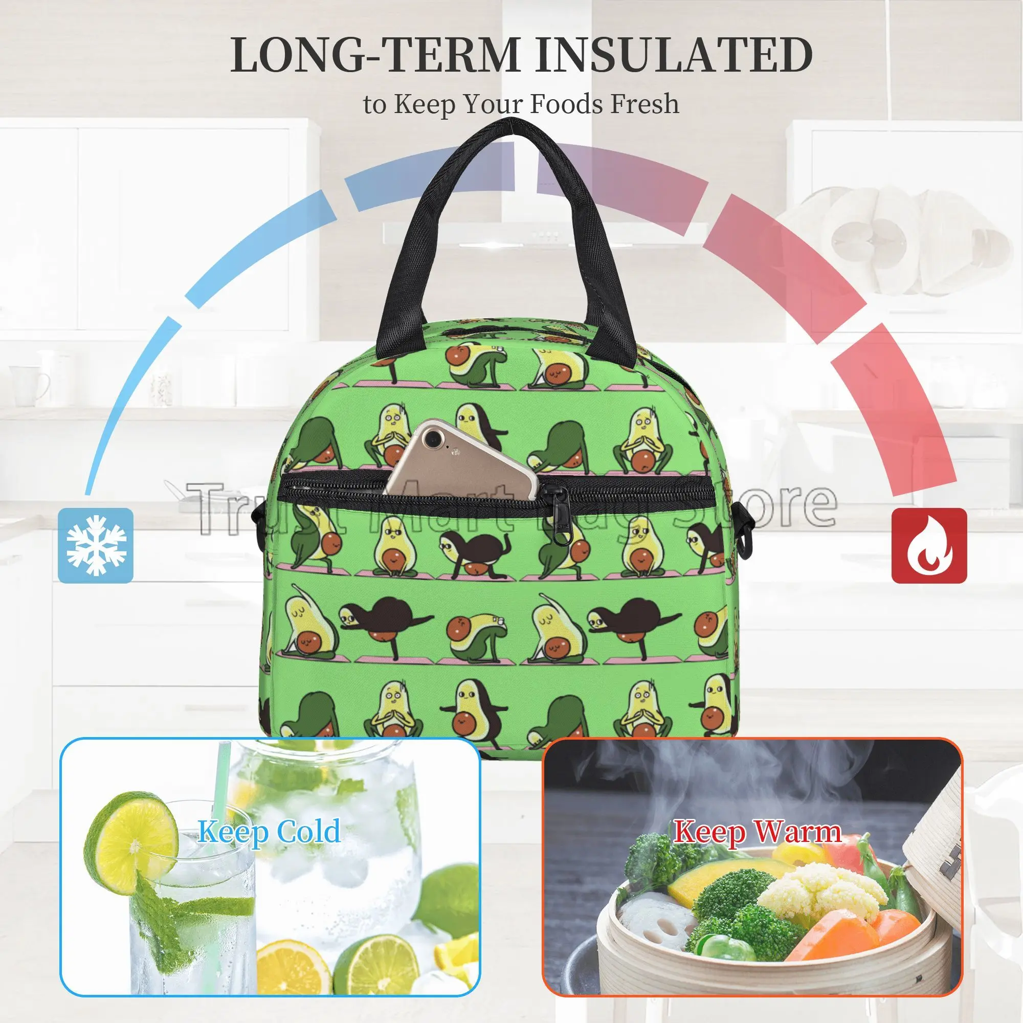 Cute Avocado Print Insulated Lunch Bag Reusable Thermal Lunch Box for Women Men Waterproof Cooler Tote for Picnic School Work