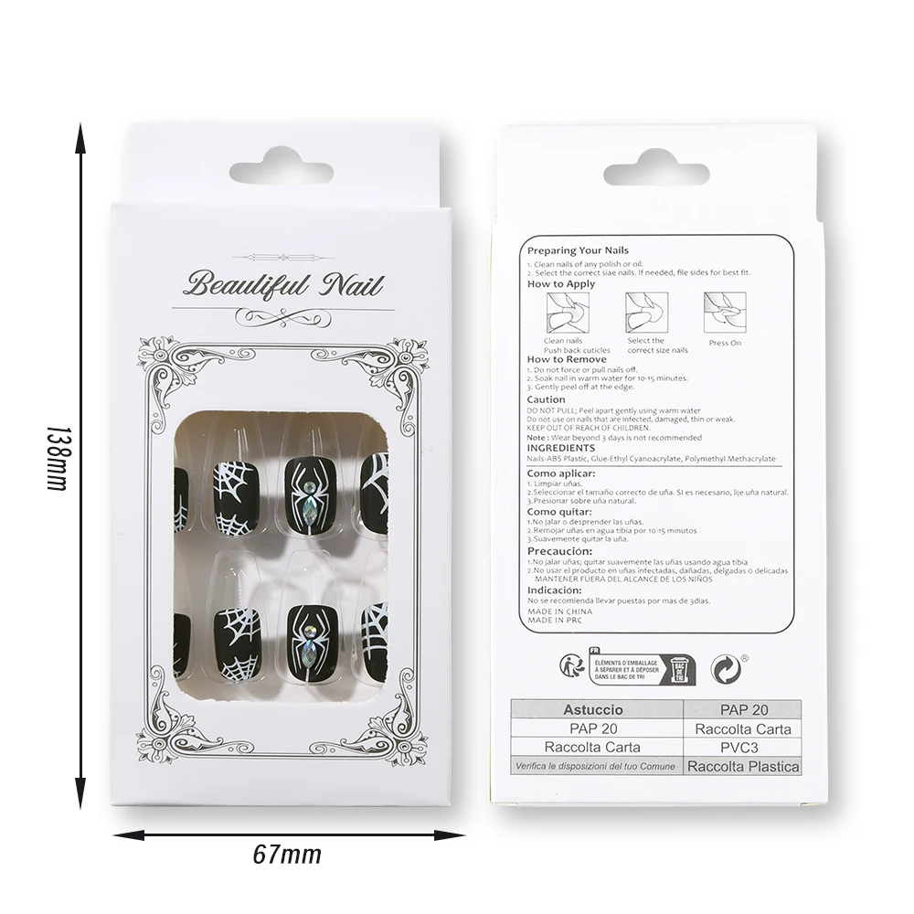 24 pièces noir Halloween presse sur ongles avec diamant toile d'araignée conception faux ongles conseils court carré portable Y2K faux bout des doigts 1