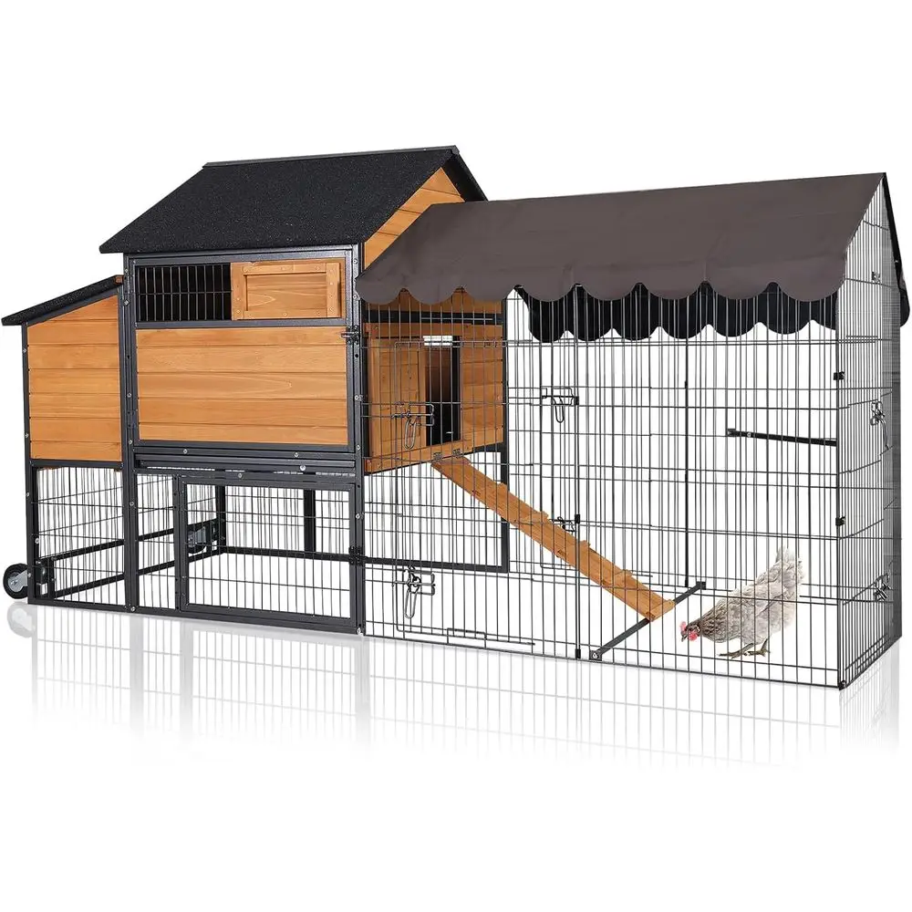 

Large Chicken Coop with Run - Spacious 85" Mobile Chicken Coop with Metal e, Easy Clean Pull Out Tray, Includes Nesting Box, Per