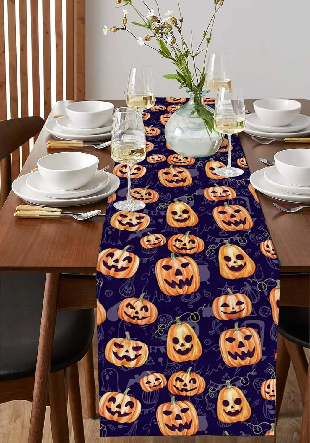Halloween Watercolor Pumpkins Ghost Linen Table Runner Home Decor Halloween Theme Kitchen Dining Table Runners Halloween Decor