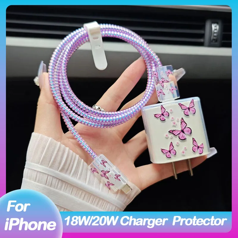 Butterfly/Love Heart Style Data Line Cable Protector For iphone 20W US Charger Fast Charger Adapter Protection Cover For Apple