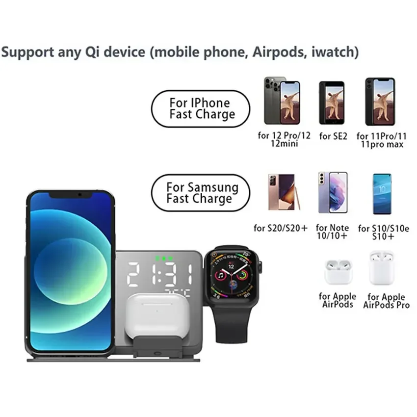 Wireless Charger Alarm Clock Stand Fast 4 in 1 Charging Station For iPhone 15 14 13 12 iWatch 8 Samsung S23 S22 Galaxy Watch 4 5