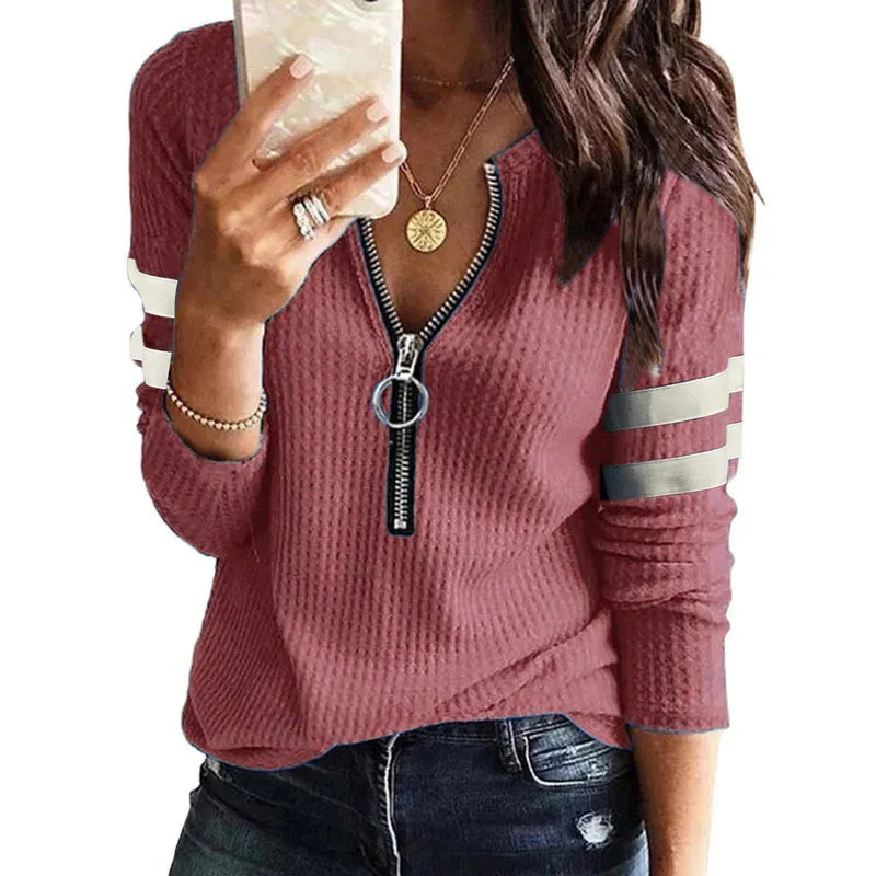 Summer T Shirt Women Winter Zipper v-neck Splicing long-sleeved T-shirt Female Tee Tshirts Dropshipping LDM20210906