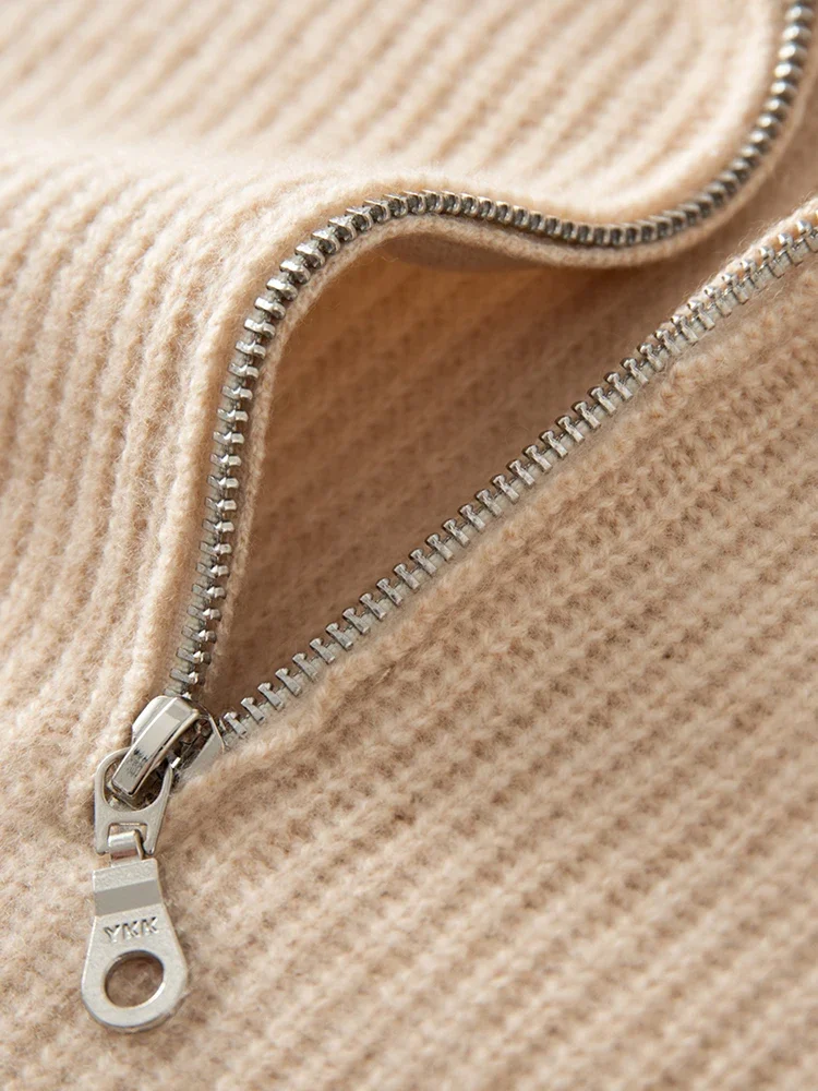 

Women's 100% Cashmere Sweater Half Zipper Sweater Turn-down Collar Thick Pullover Preppy Style Luxury Autumn Winter Loose Top