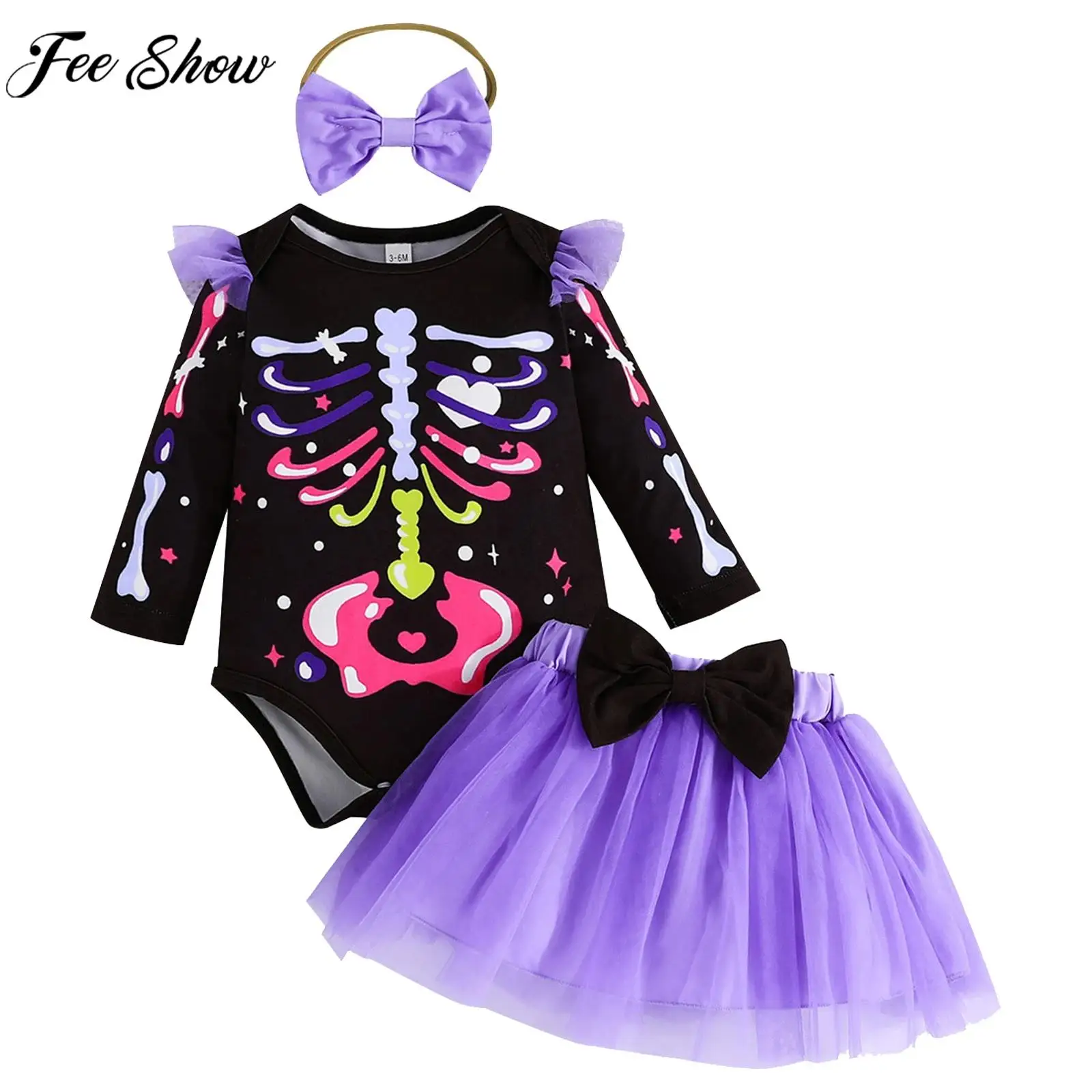 Baby Toddler Girl Skeleton Pumpkin Ghost Costume Skull Pumpkin Face Apparition Print Romper for Halloween Carnival Cosplay Party
