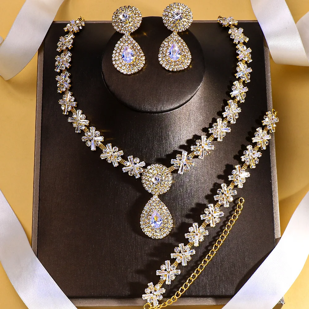 

Zircon Cross necklace Earrings Bracelet Jewelry set For Women Luxury Gold Plated Water Drop Pendant Accessory