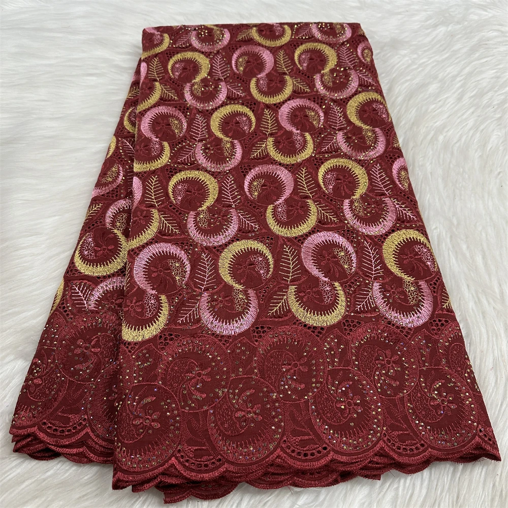 

Винная швейцарская вуаль, кружевная ткань для свадебной вечеринки, африканская кружевная вышивка с камнями, 5 ярдов, нигерийское кружево