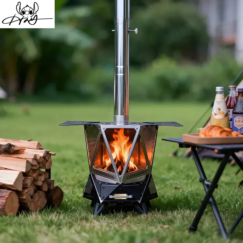 Stainless Steel Foldable Wood Burning Stove for Outdoor Camping Tent Portable Multifunctional Heating BBQ Fireplace