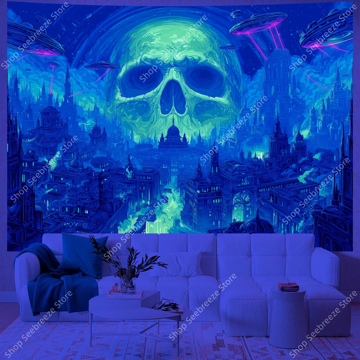 Glowing Skull Over Futuristic City UV Tapestry Alien Invasion Sci Fi Wall Art for Modern Living Room Bedroom Office Decor