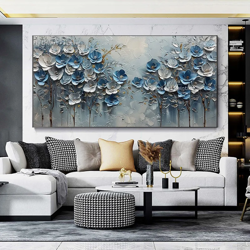 Gold Blue And White Knife Thick Flowers Canvas Oil Painting Hand Drawn Blue Florals Tree Landscape Wall Art For Home Decor