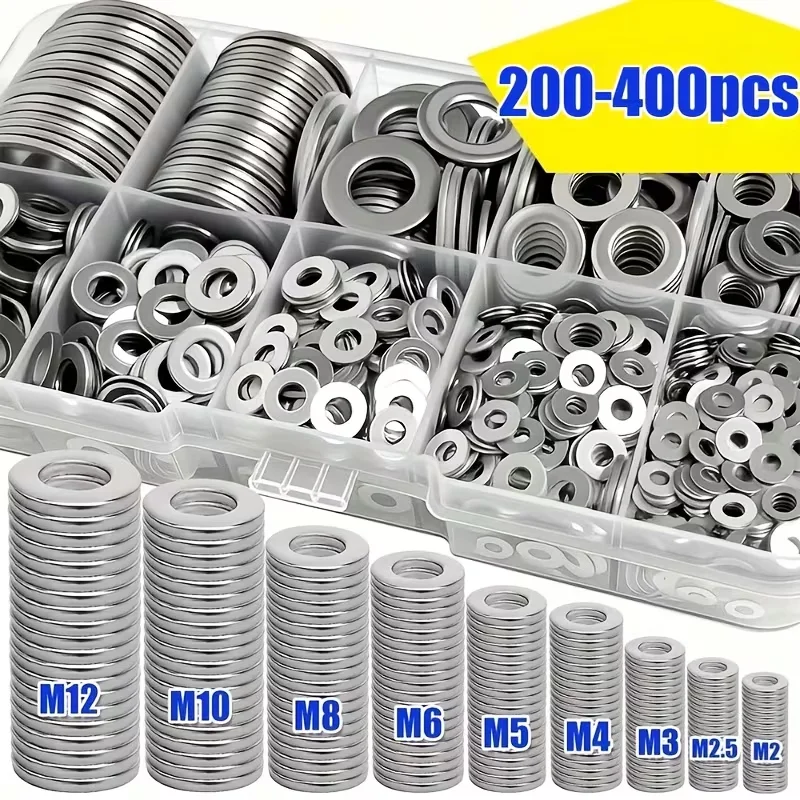 Juego de arandelas planas de acero inoxidable (M2-M12) de 200/400 piezas – Bricolaje en el hogar, reparación industrial, decoración de cocinas y mantenimiento al aire libre